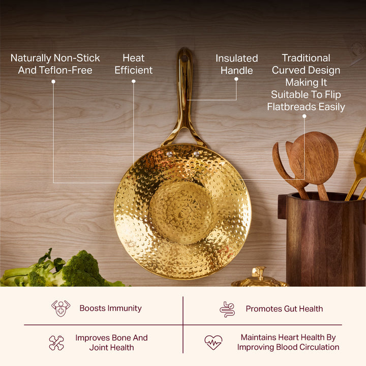 Brass Essentials Combo Set (Brass Roti Tawa with Insulated handle, Brass Ghee Pot, Brass Kadhai with Insulated handles & Glass lid)