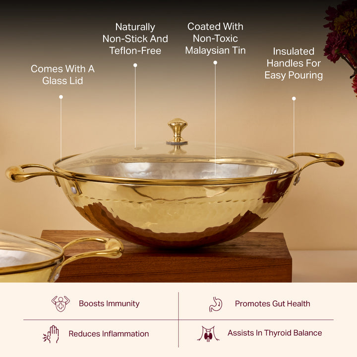 Brass Kadhai with Glass Lid (Round Base)