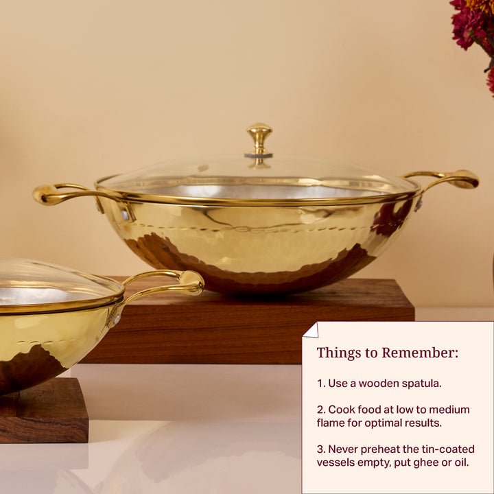 Brass Essentials Combo Set (Brass Roti Tawa with Insulated handle, Brass Ghee Pot, Brass Kadhai with Insulated handles & Glass lid)