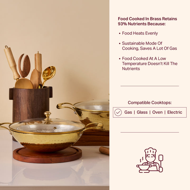 Brass Essentials Combo Set (Brass Roti Tawa with Insulated handle, Brass Ghee Pot, Brass Kadhai with Insulated handles & Glass lid)