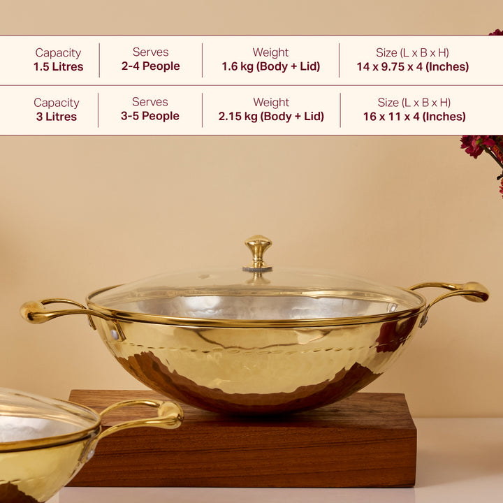 Brass Essentials Combo Set (Brass Roti Tawa with Insulated handle, Brass Ghee Pot, Brass Kadhai with Insulated handles & Glass lid)