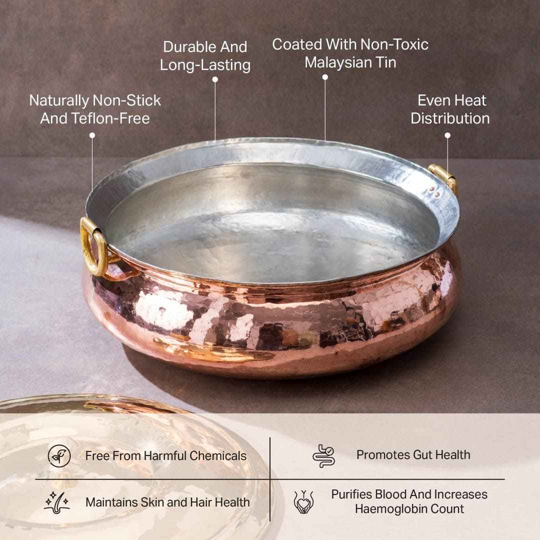 Copper Hammered Lagan - Lagaan for cooking- Naturally non stick , Non Toxic, Teflon Free