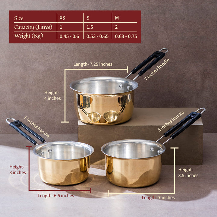 Set of 3 Brass Saucepans (1L, 1.5L, 2L)