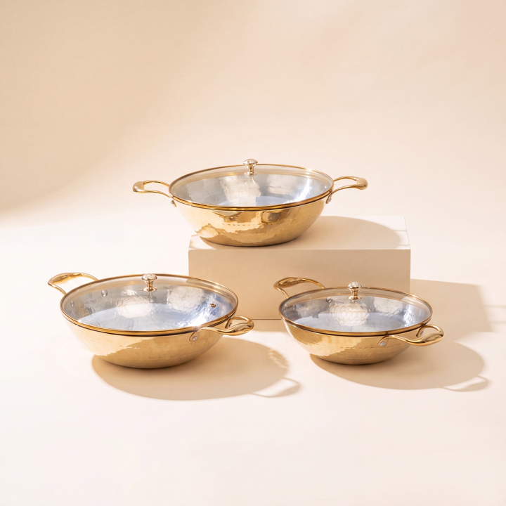 Set of 3 Brass Kadhais with Glass Lid (1.5L round base, 3L round base, 3L flat base)