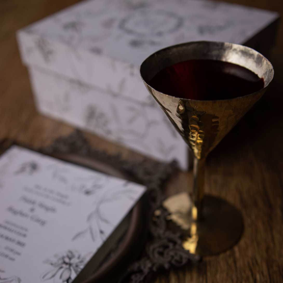 Wedding invites with P-TAL cocktail glasses