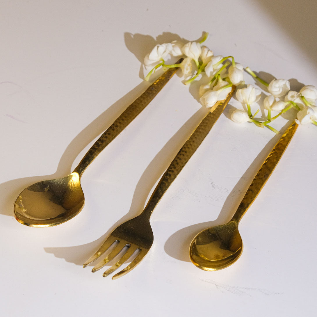 Brass hammered cutlery set