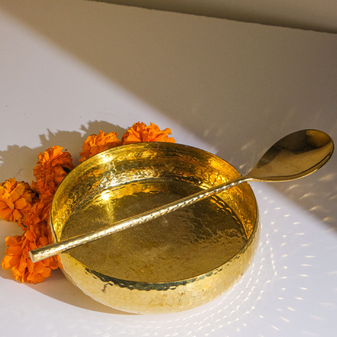Brass Serving bowl with cut and serving spoon